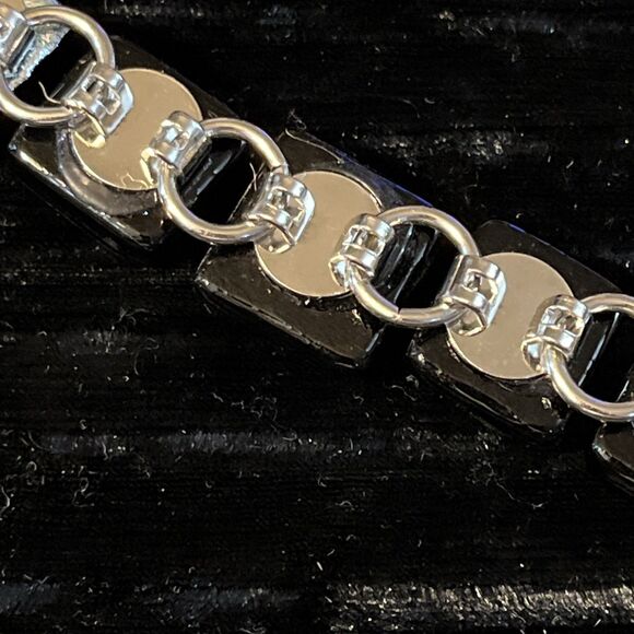 Dichroic Art Glass Silver & Black Tile Silvertone Chain Bracelet Fold Over Clasp - Picture 7 of 11